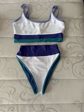 Beach Riot White Ribbed Bikini with Blue & Teal Trim S and XL